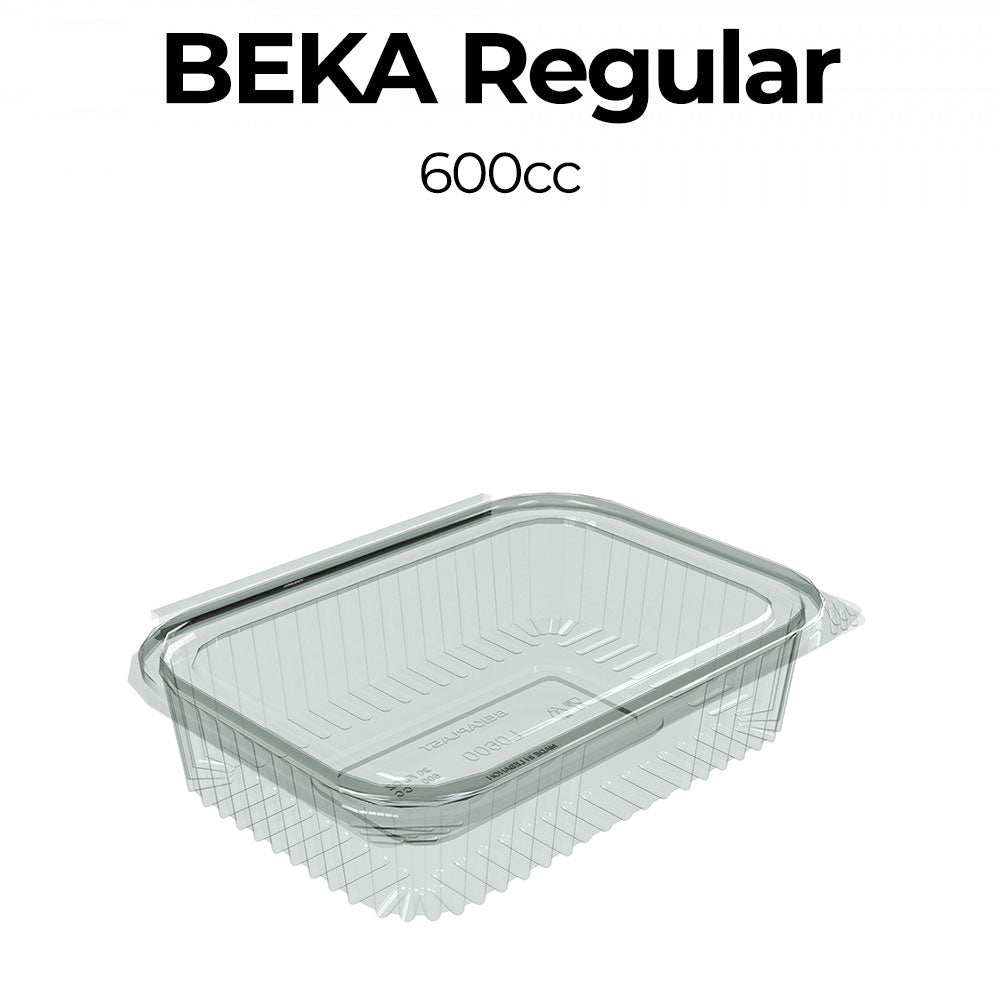 Clear plastic container with lid labeled 'Beka Regular 600cc' on a white background