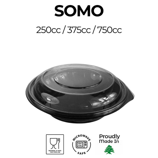 Black food containers with 'SOMO' branding and volume indicators on a white background.