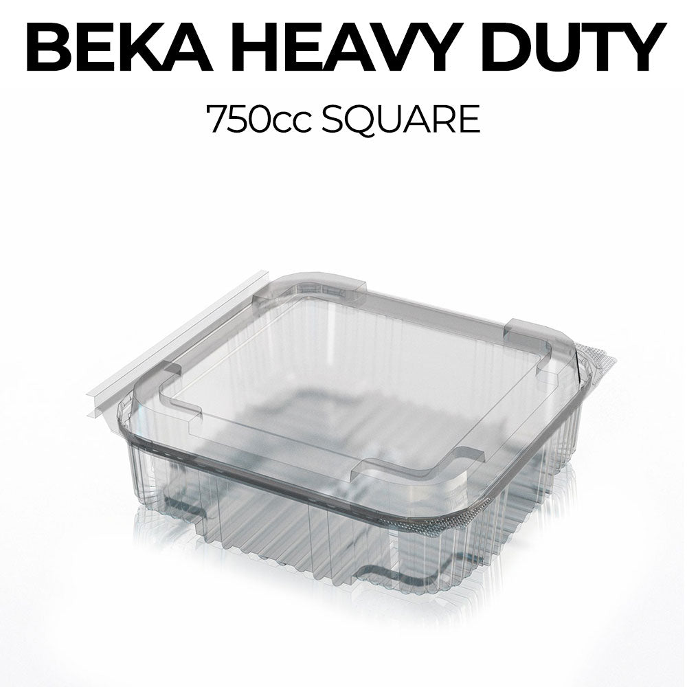 Clear plastic container with lid labeled 'Beka Heavy Duty 750cc Square' on a white background