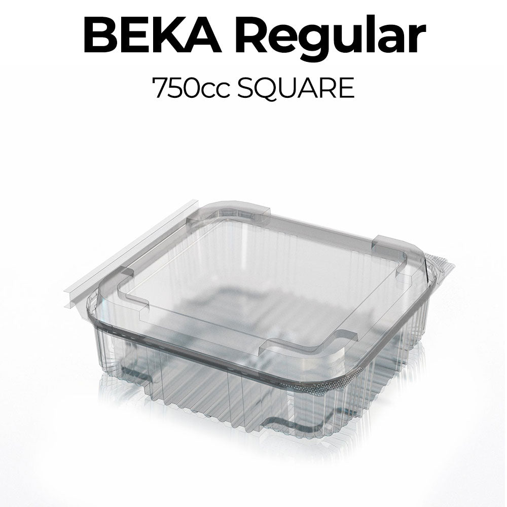 Clear plastic container with lid labeled 'Beka Regular 750cc SQUARE' on a white background