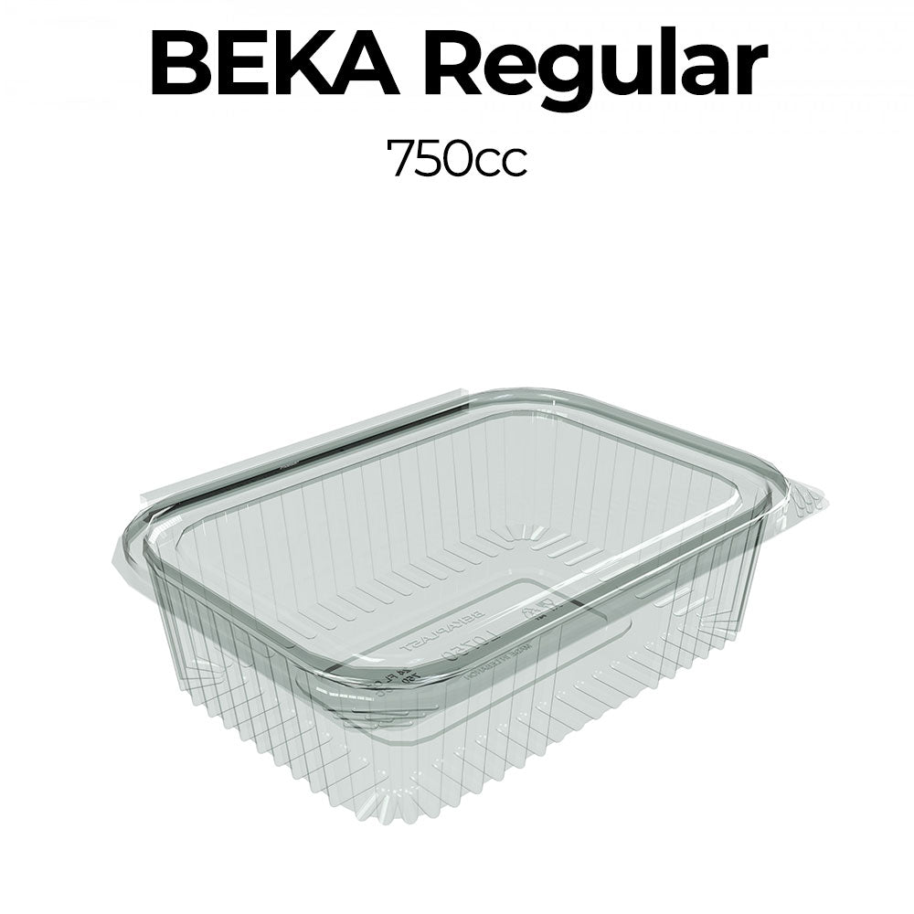 Clear plastic container with lid labeled 'Beka Regular 750cc' on a white background