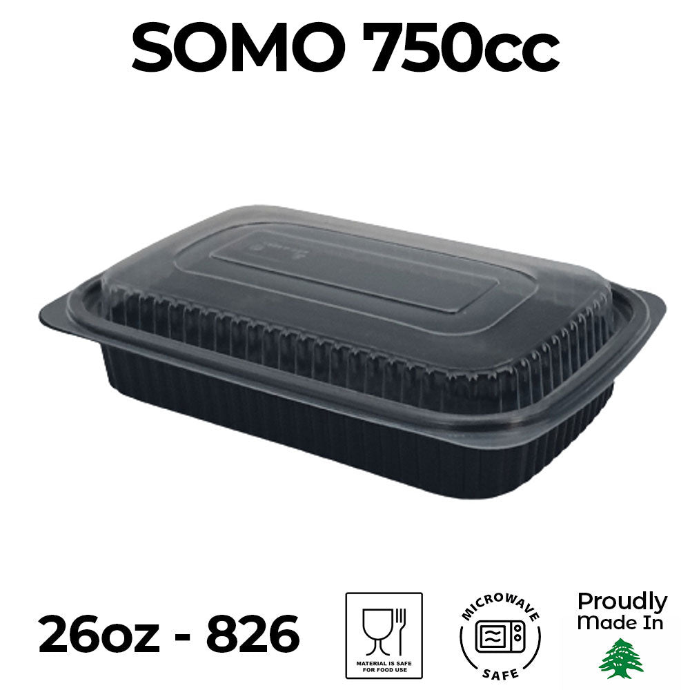 Black food container with lid labeled 'SOMO 750cc' on a white background