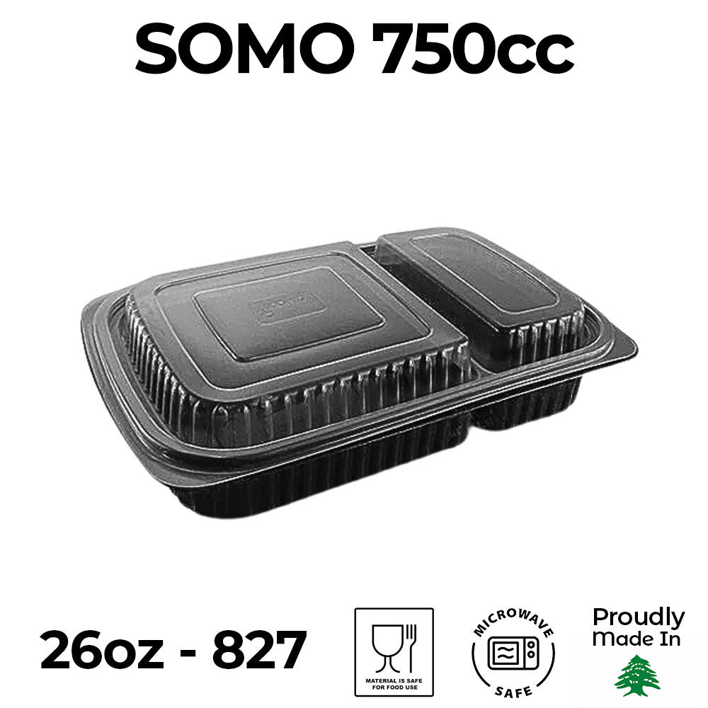 Black food container with 'SOMO 750cc' text on a white background