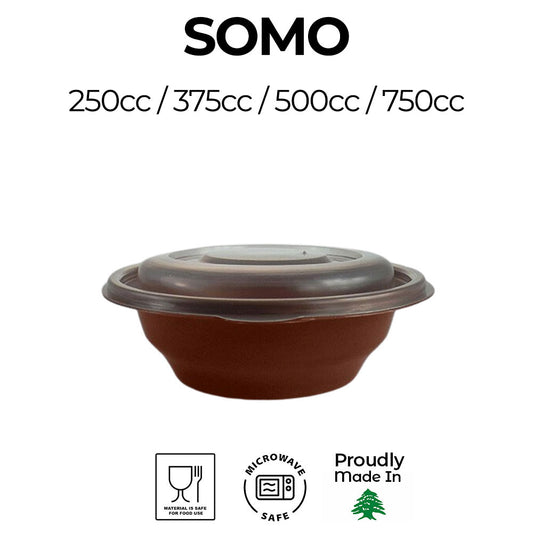 Brown food container with lid and 'SOMO' branding on a white background