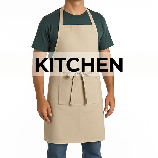 Person wearing a beige apron with 'KITCHEN' text overlay on a white background