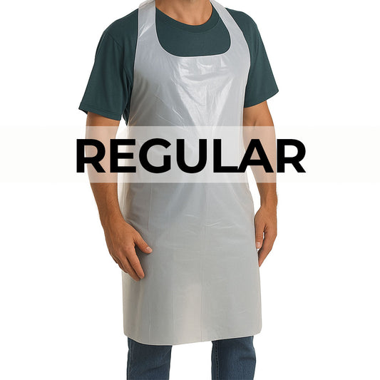 Person wearing a white apron with 'REGULAR' text overlay on a white background