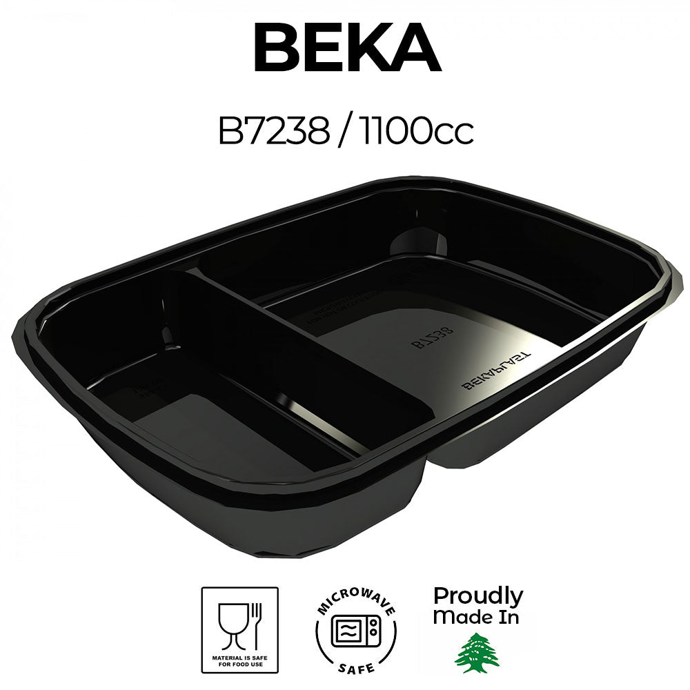 Black Beka food container with compartments on a white background