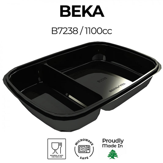 Black Beka food container with compartments on a white background