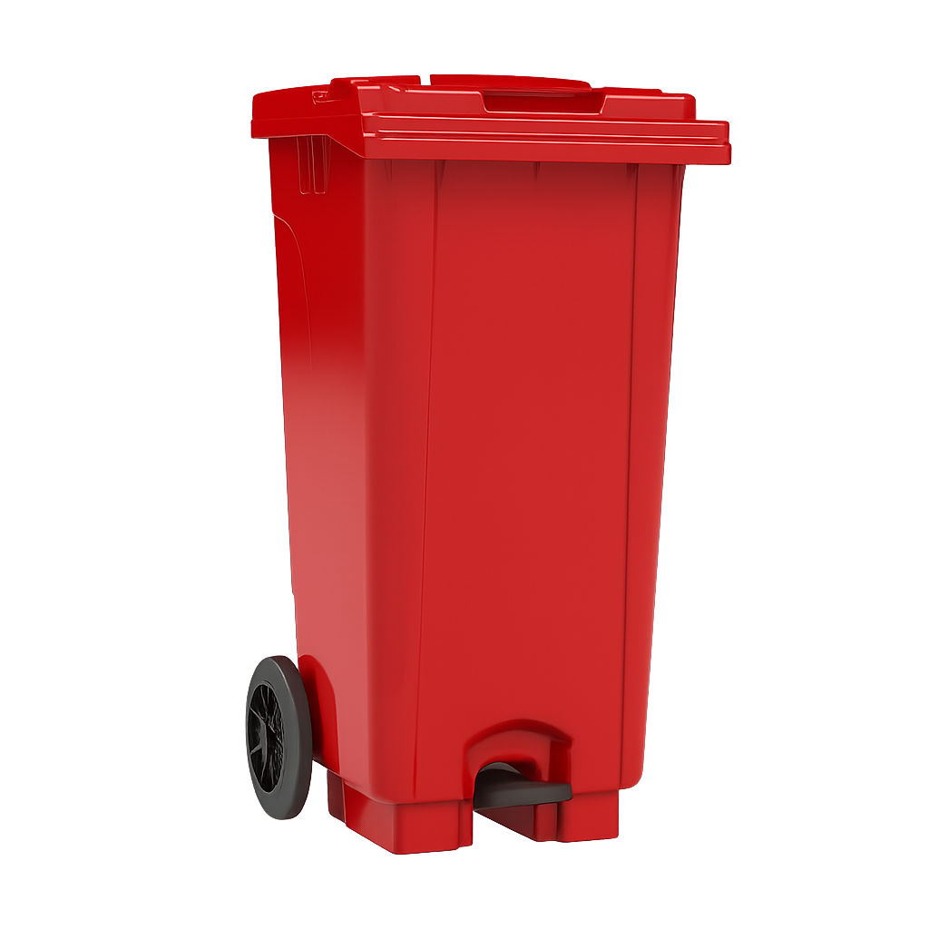 Red trash bin with wheels on a white background