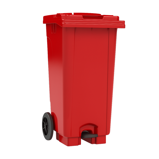 Red trash bin with wheels on a white background