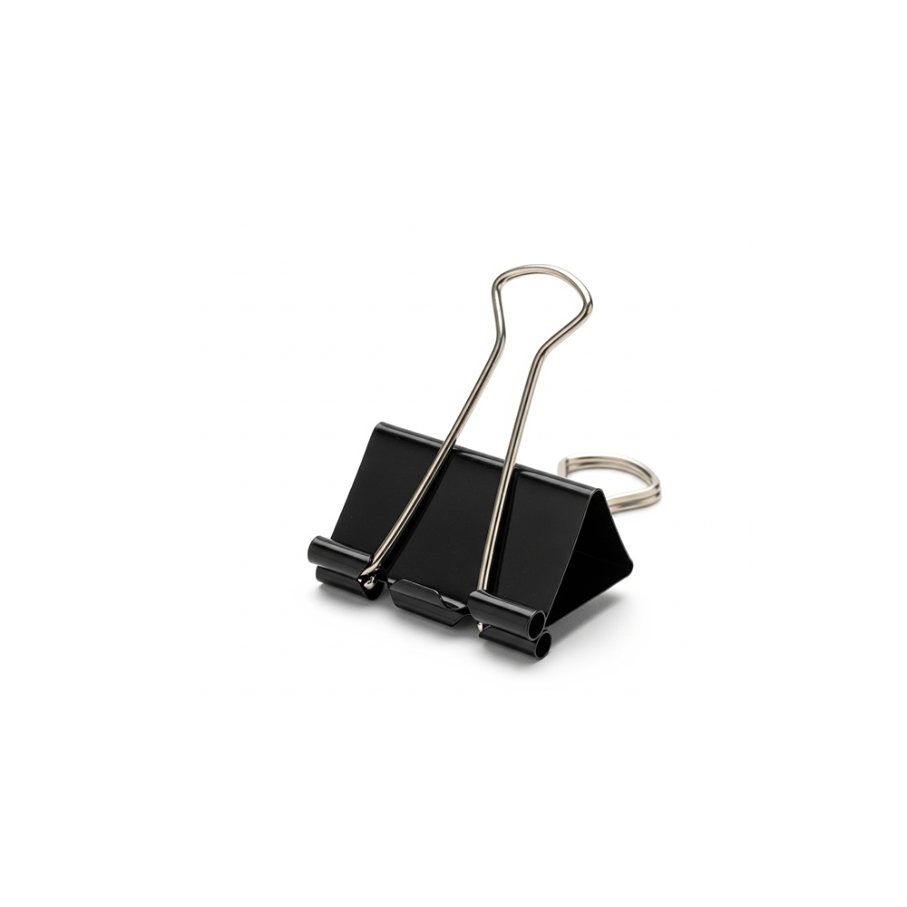 Black binder clip on a white background