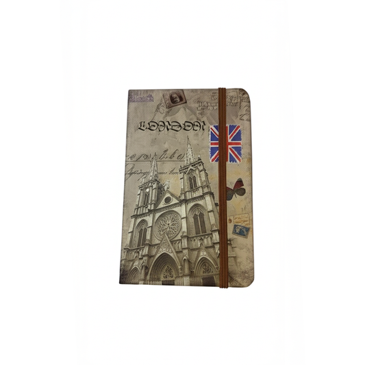 Notebook with a vintage London design featuring a cathedral and British flag on a white background.