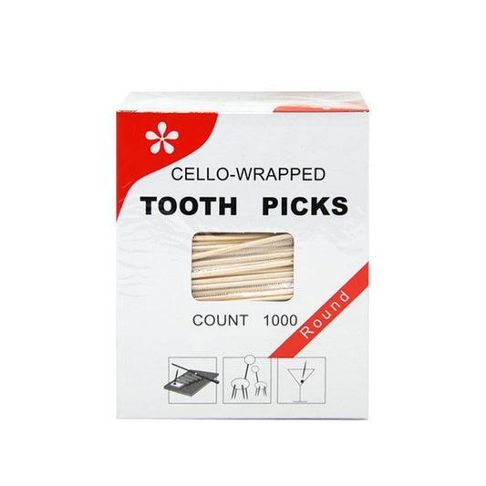 Box of cello-wrapped tooth picks with a red and white design on a white background