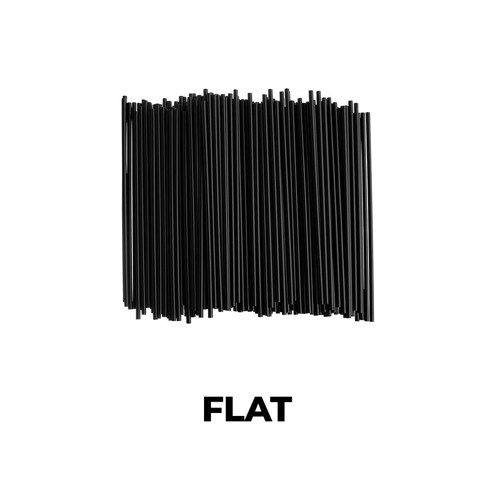 Black straws arranged in a flat pattern on a white background with the word 'FLAT' below.