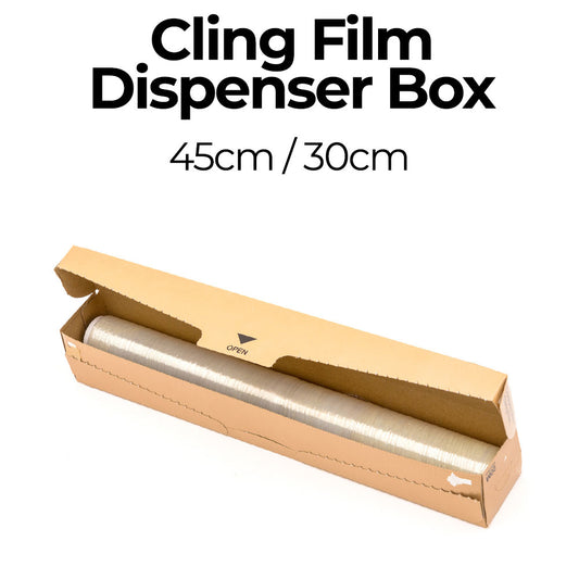 Cling film dispenser box with a roll of cling film inside on a white background