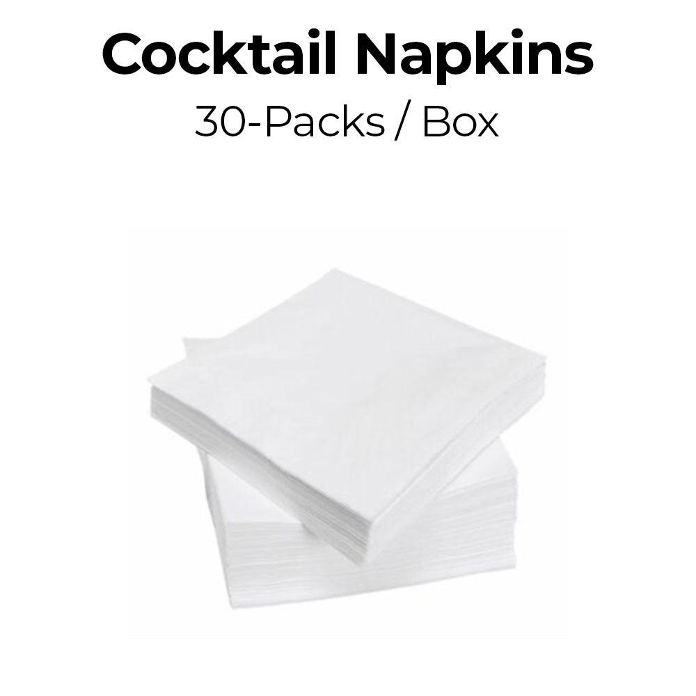Stack of cocktail napkins with text indicating 30-packs per box on a white background