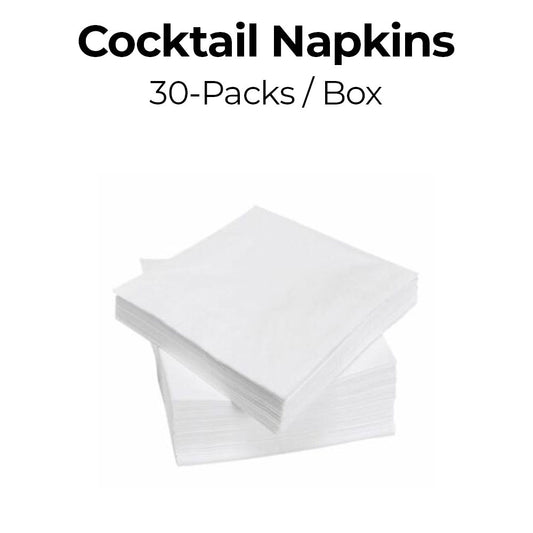Stack of cocktail napkins with text indicating 30-packs per box on a white background