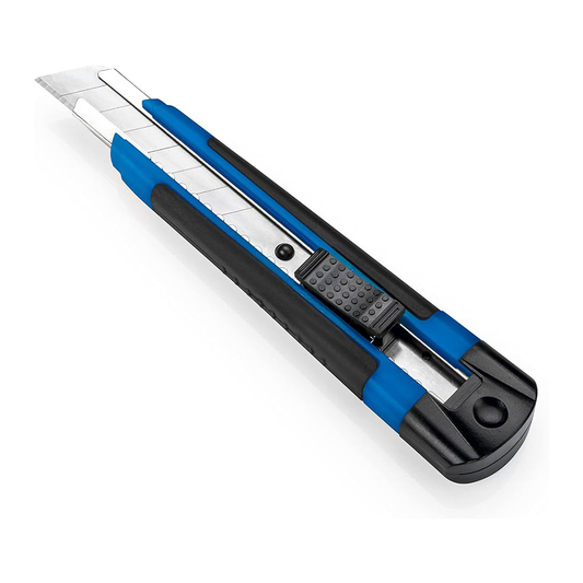 Blue and black utility cutter on a white background
