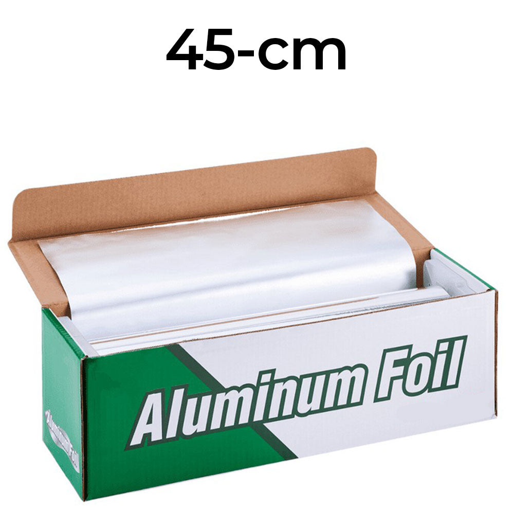 Box of aluminum foil with a roll inside, labeled '45-cm'.