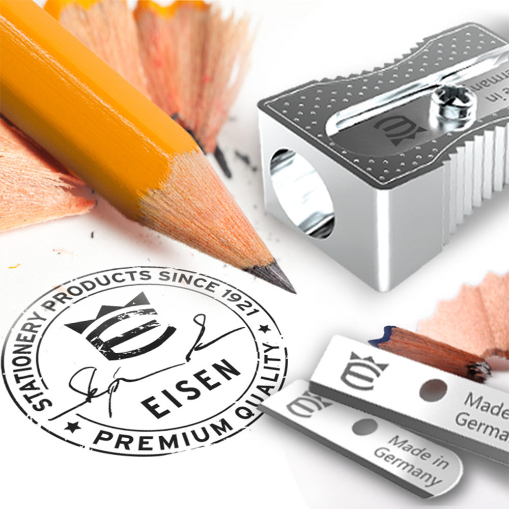 Pencil sharpener, pencil, and branded stamp with 'Eisen' logo on a white background