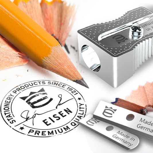 Pencil sharpener, pencil, and branded stamp with 'Eisen' logo on a white background