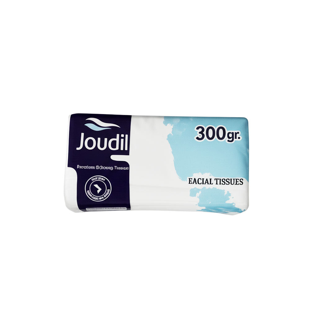 Joudil facial tissues packaging with blue and white design on a white background