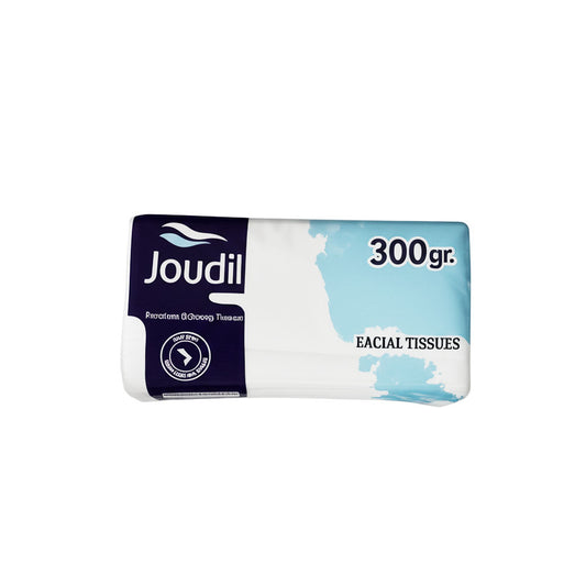 Joudil facial tissues packaging with blue and white design on a white background