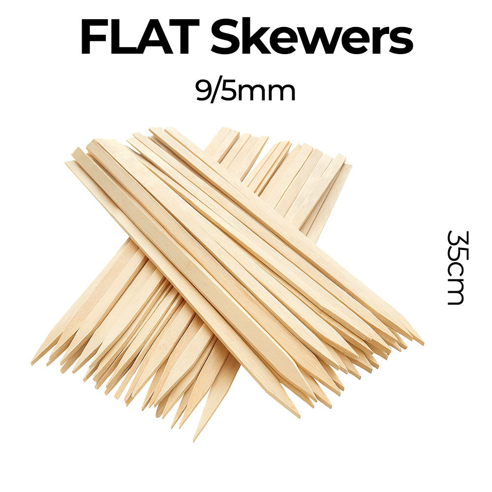 Flat skewers on a white background with text indicating size and length.