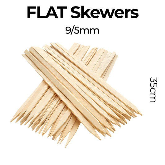 Flat skewers on a white background with text indicating size and length.