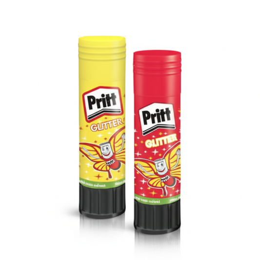 Two Pritt Glitter glue sticks, one yellow and one red, on a white background.