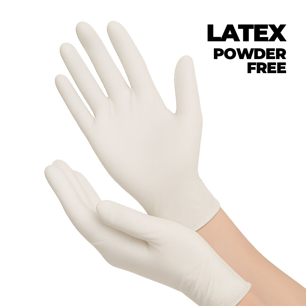 White latex gloves on a white background with 'Latex Powder Free' text.