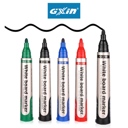 Five whiteboard markers in different colors with G Xin logo above on a white background