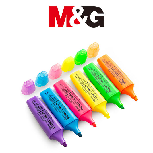 Set of colorful highlighters with M&G logo above them on a white background