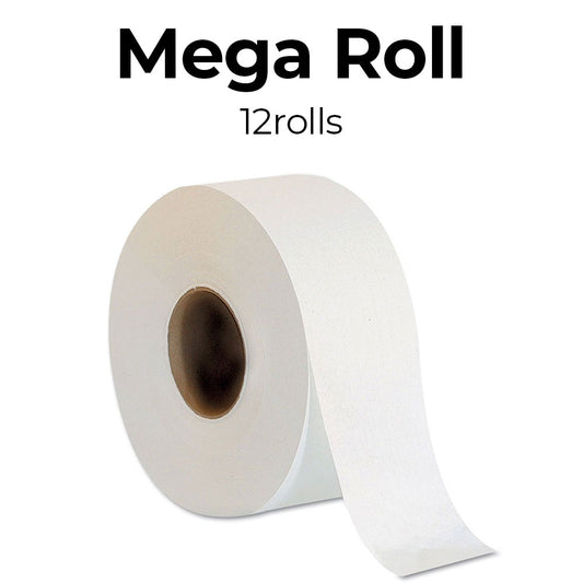 White Mega Roll with text indicating 12 rolls on a white background