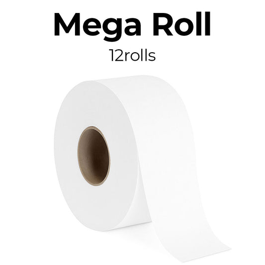 White Mega Roll with text indicating 12 rolls on a white background