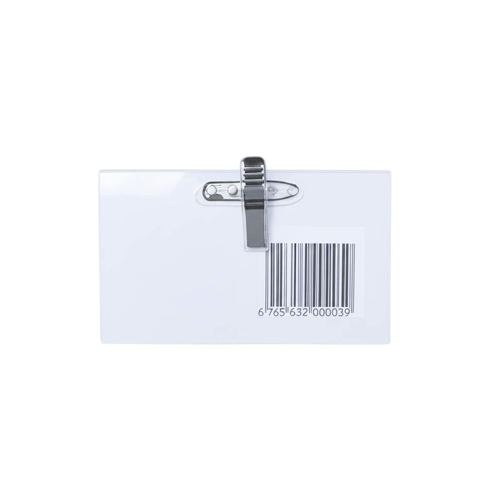 White card with a barcode and metal clip on a white background
