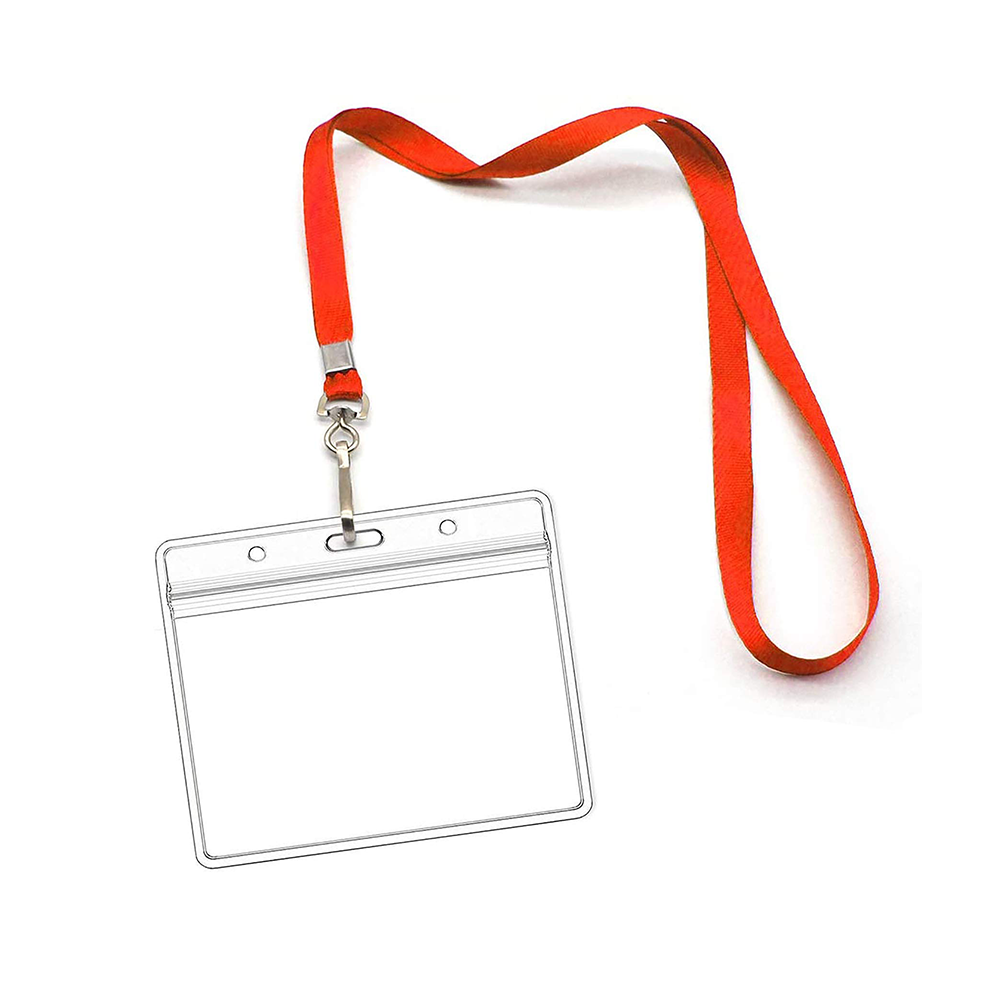 Clear ID badge holder with red lanyard on a white background