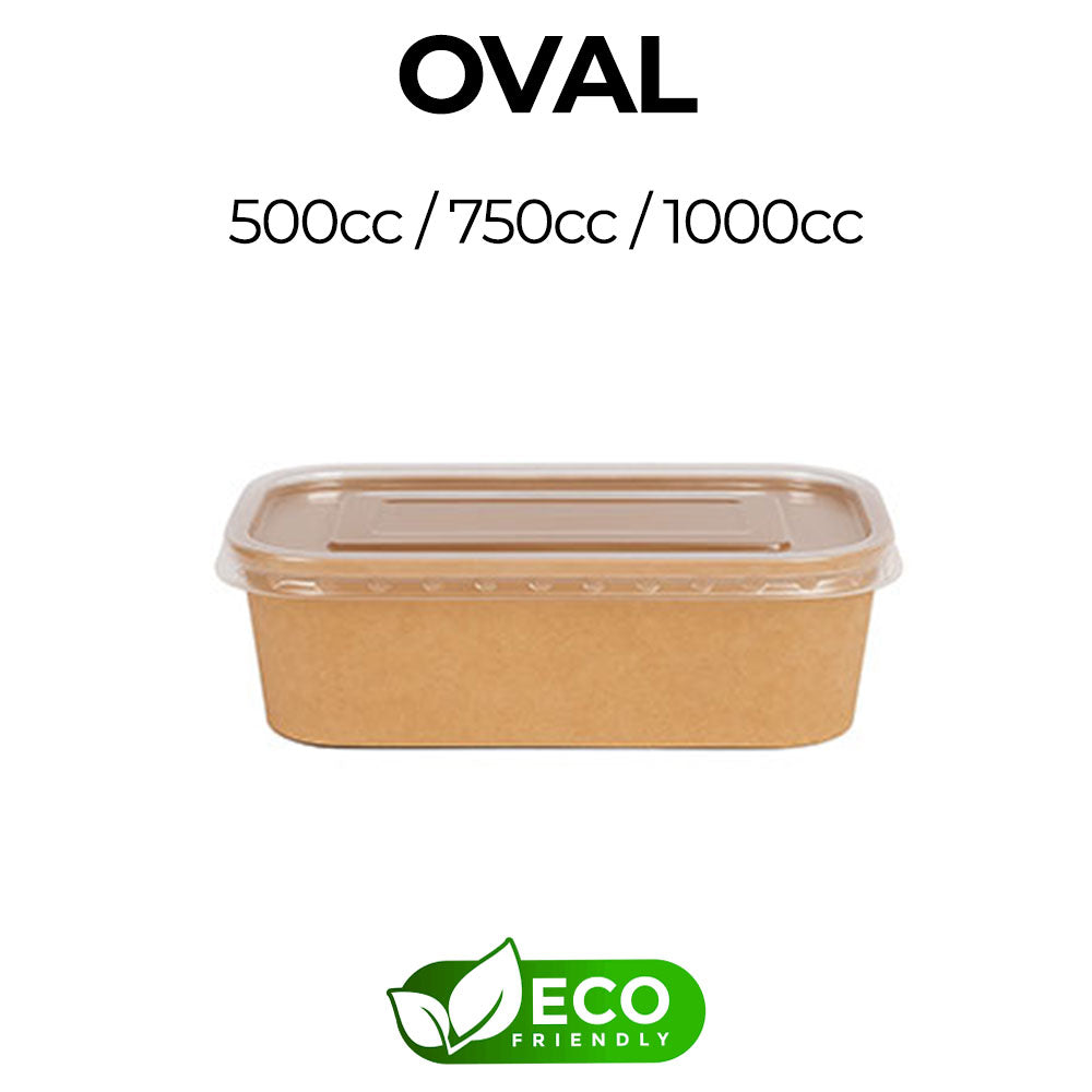 Eco-friendly oval food container with customizable volume options on a white background.