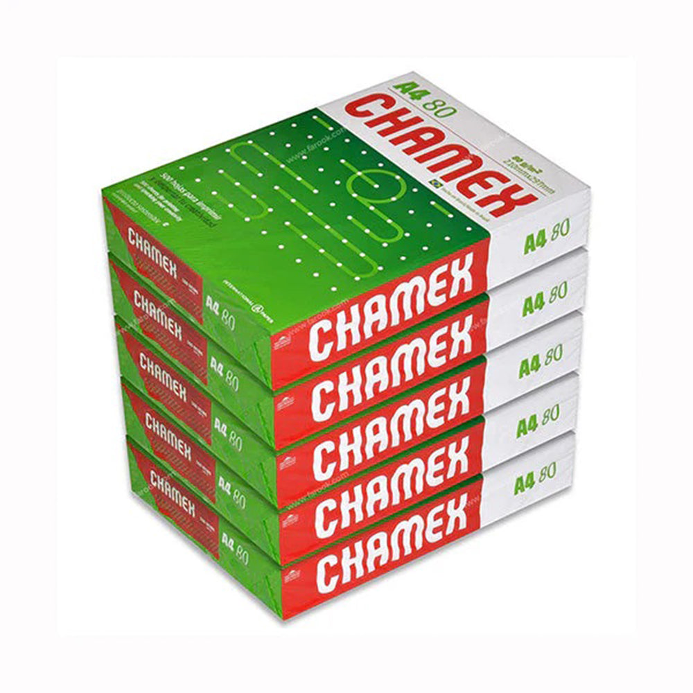 Stack of Chamex paper boxes on a white background