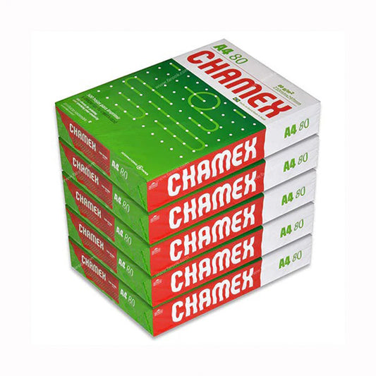 Stack of Chamex paper boxes on a white background