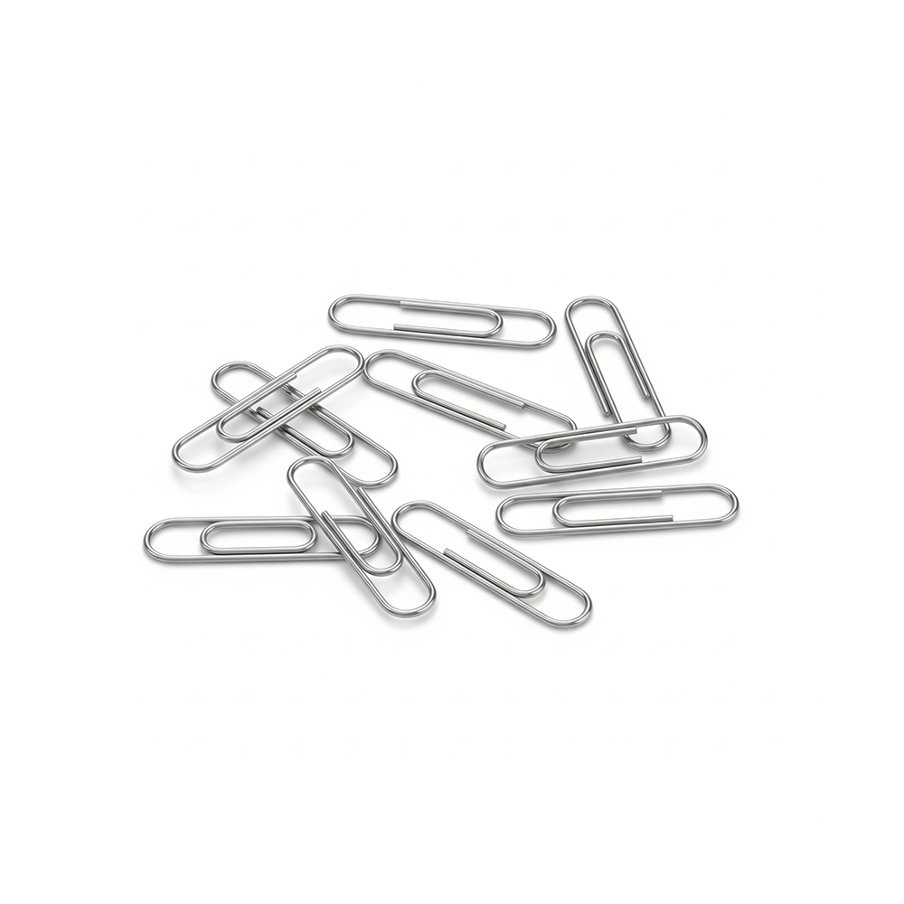 Metal paper clips on a white background
