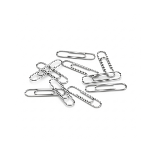 Metal paper clips on a white background