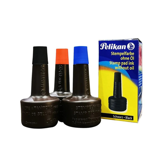 Three ink bottles with black, red, and blue caps next to their packaging on a white background