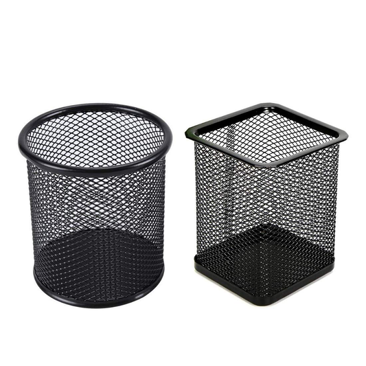 Two black mesh pencil holders, one round and one square, on a white background.