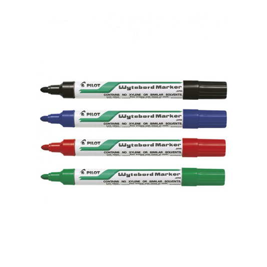 Four Pilot whiteboard markers in black, blue, red, and green on a white background.