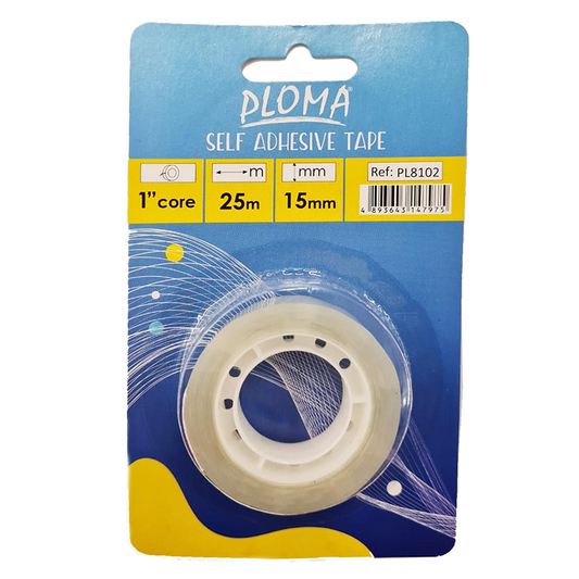 Ploma self-adhesive tape packaging with clear tape roll on white  background