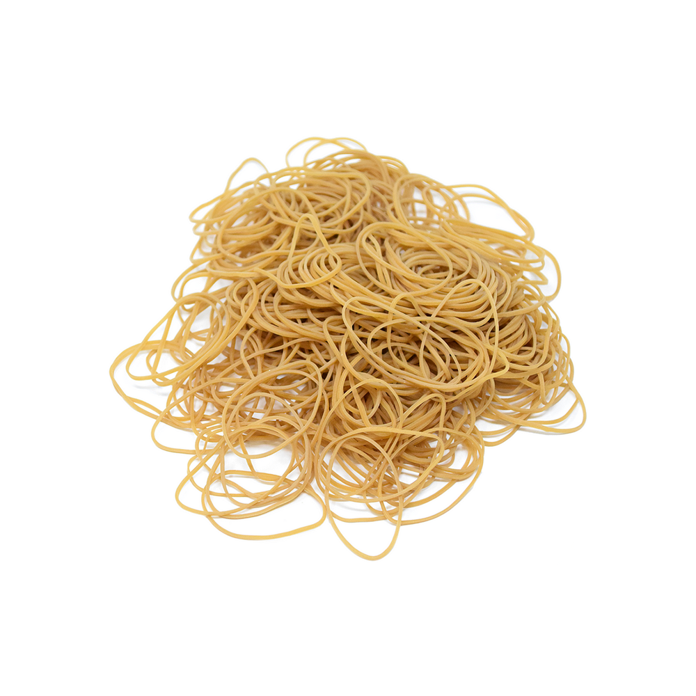 Pile of yellow rubber bands on a white background