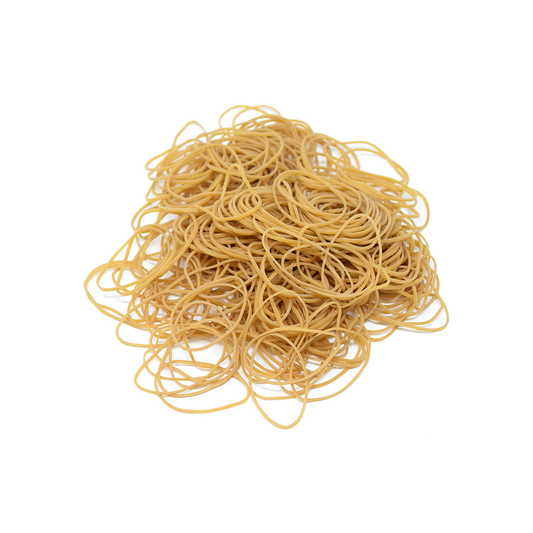 Pile of yellow rubber bands on a white background