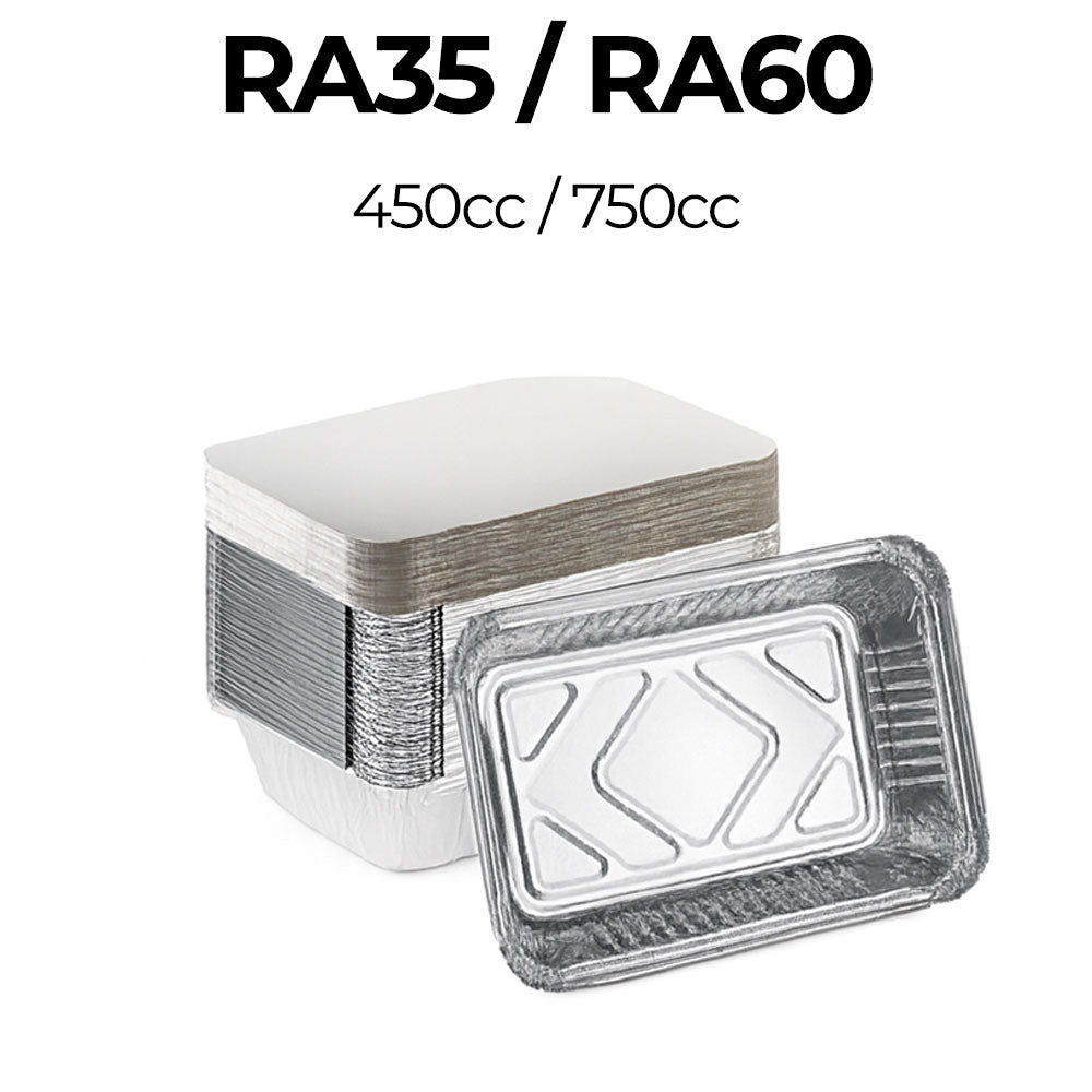 Stack of disposable containers with lids on a white background, featuring RA35/RA60 and volume information.