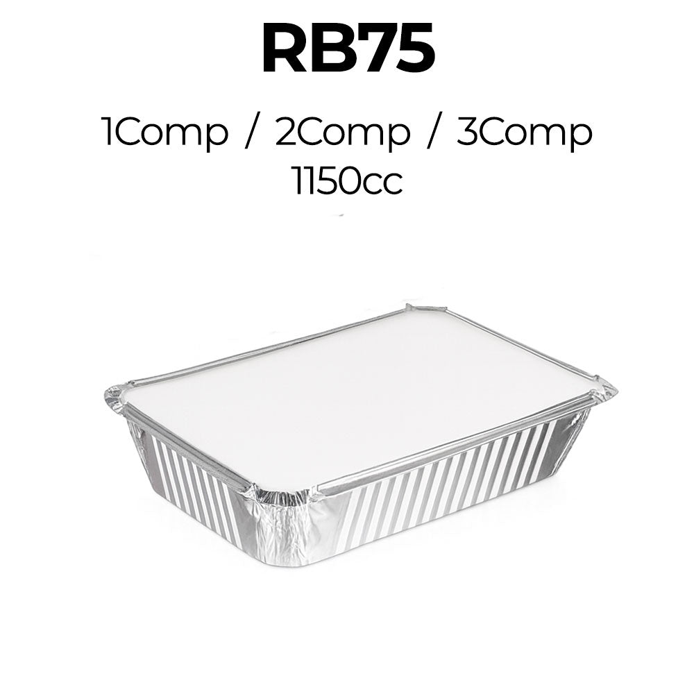 Aluminum food container with 'RB75' and compartment details on a white background